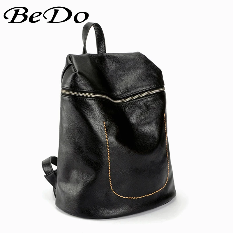 

BeDo Women Black Big Size Real Leather Backpacks Cow Leather Fashion Polyester Lining Backpacks Women Zipper Useful Bags