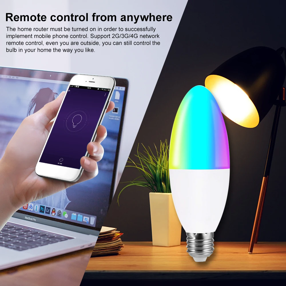 Умная Светодиодная лампа с Wi Fi RGB + W светодиодная свеча 6 Вт регулируемой яркостью