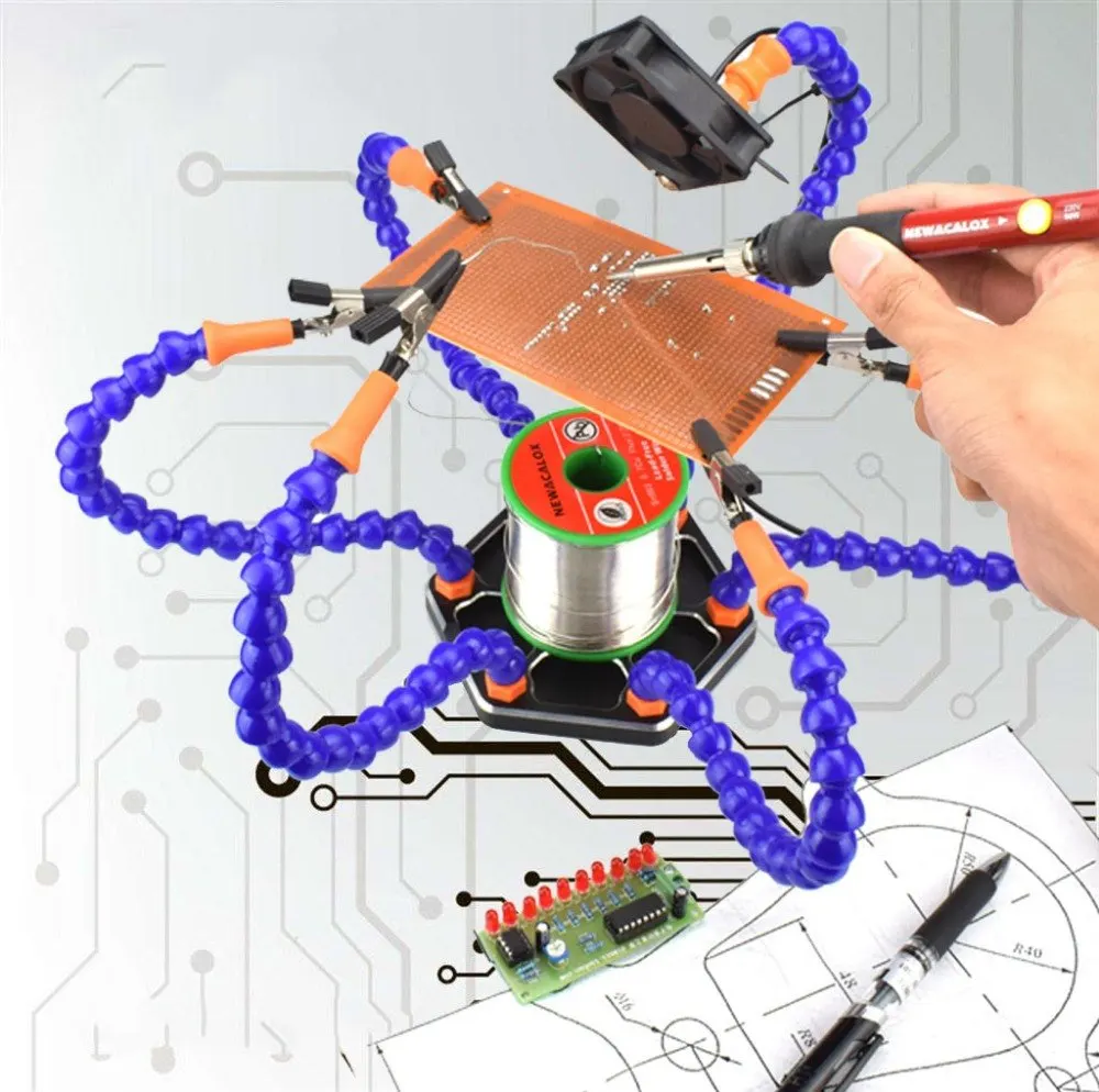 

NEWACALOX Third Hand with USB Exhaust Fan Helping Hands Soldering Station 6pc Flexible Arms Soldering Iron Holder Repair Tool