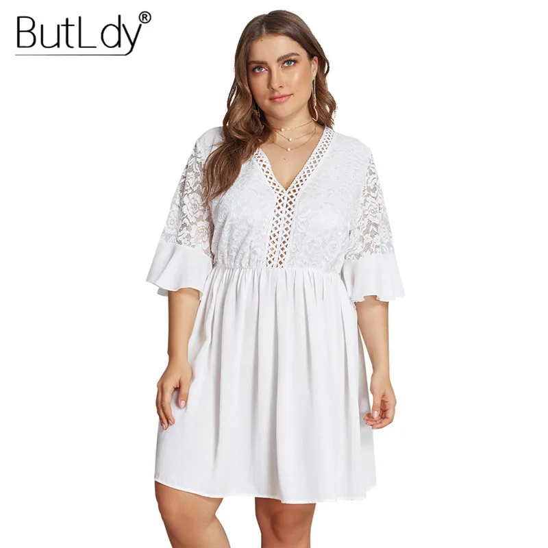 Женское кружевное платье с вышивкой и V образным вырезом белое повседневное