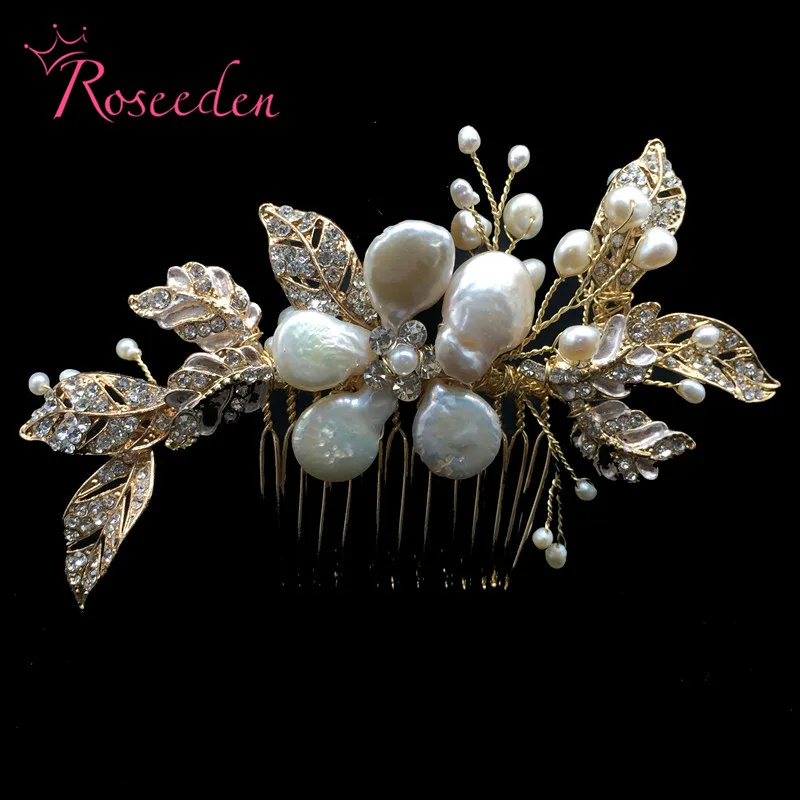 

Handmade Gold Wedding Hair Combs Petite Rhinestone Fresh water Pearls Bridal Headpieces Wedding Hair Accessories RE3152