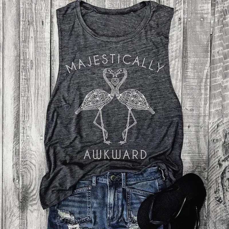 Women Tanks O-Neck Letter Flamingo Heart Printed Casual Sleeveless Tops Fashion Summer 2018 Female Grey Loose Tank | Женская одежда