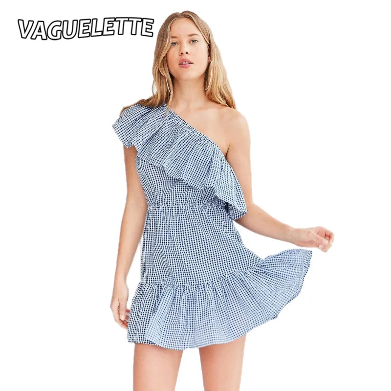 Vaguelette рябить plaid dress мини boho стиль sexy женщины с плеча пляж симпатичные новое
