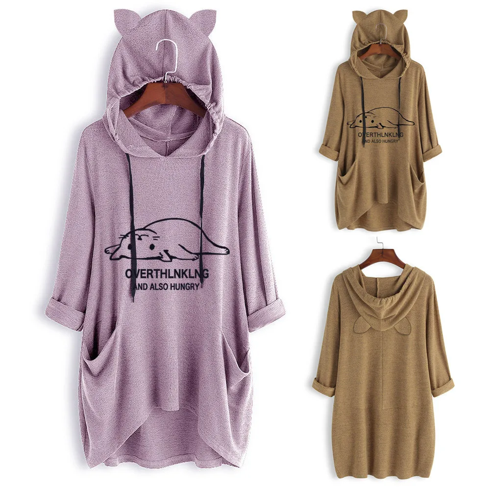 Plus Size Sweatshirt Women Casual Lying Cat Printed Hoodie Femme Long Sleeve Ear Hooded Pocket Tops | Женская одежда