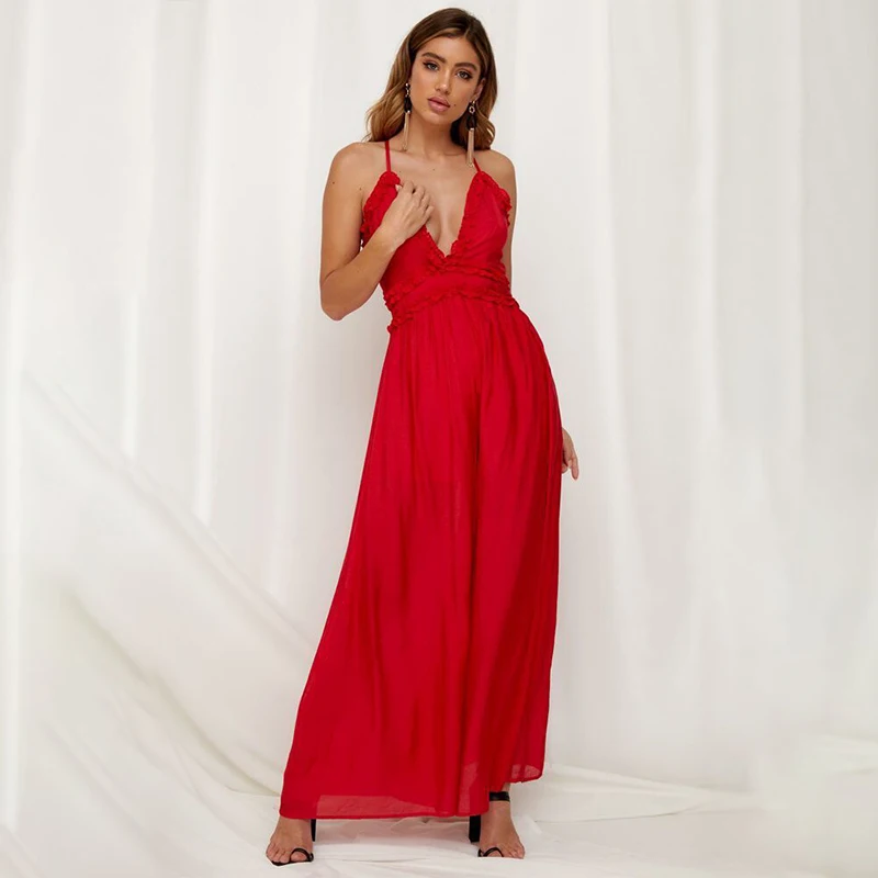 2019 Новый женский комбинезон с длинным разрезом сексуальный длинный v-образным