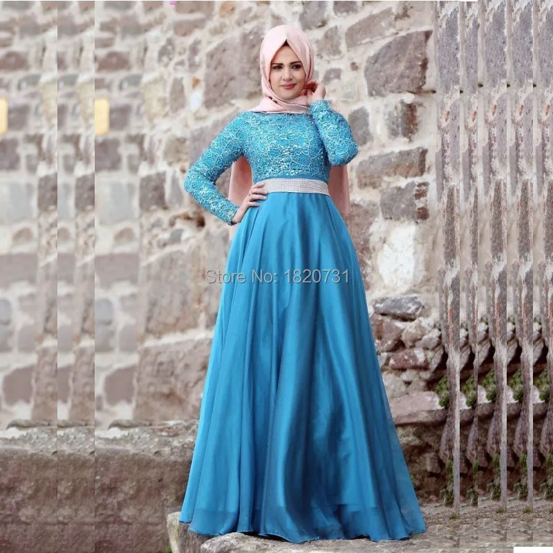 

Vestido De Festa A Line High Neck Beaded Long Sleeve Chiffon Saudi Arabic Light Blue Women New Arrival Formal Evening Dresses