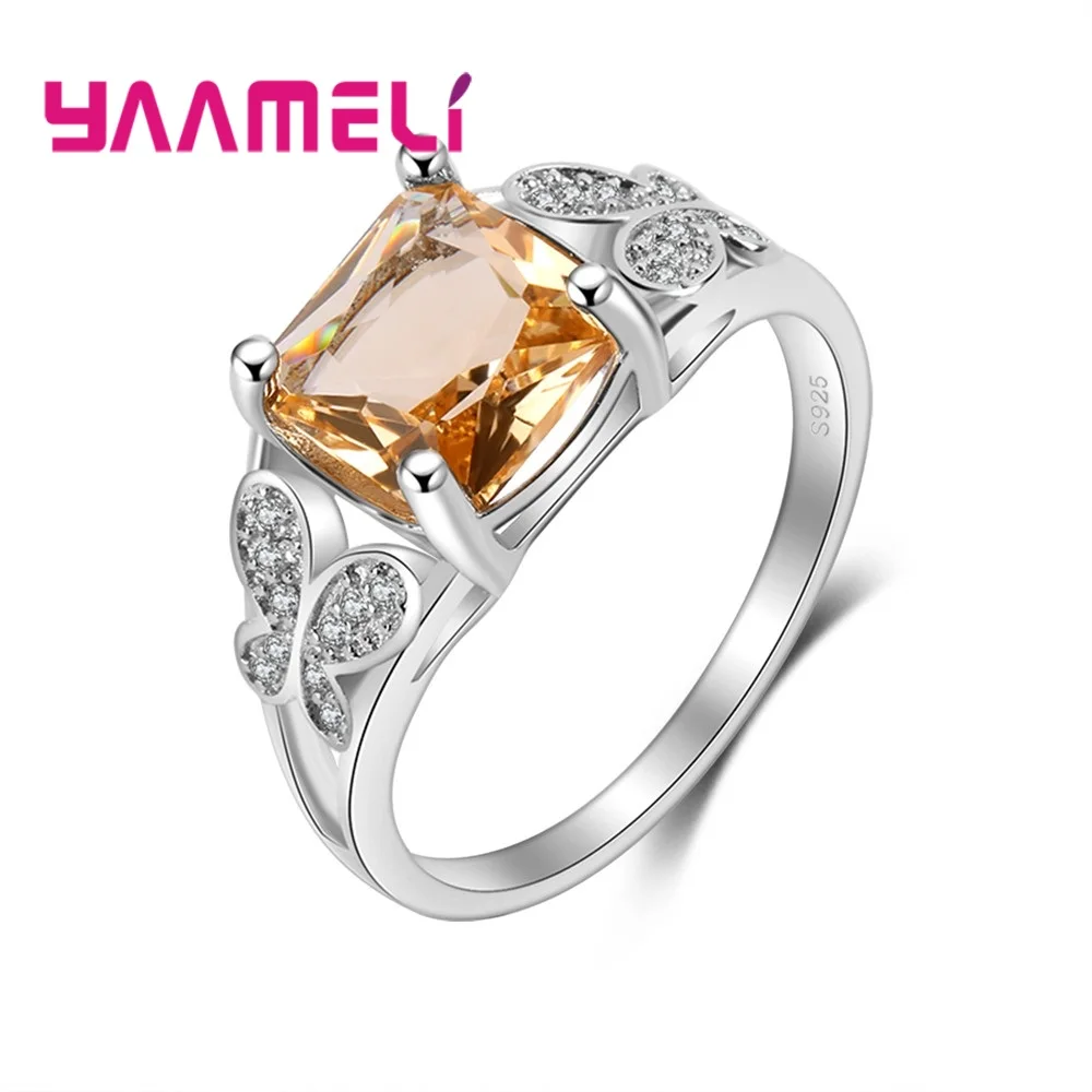 

Cute Two Butterflies Design Rings With Square Light Orange Brilliant AAA Zircons 925 Sterling Silver Women Finger Ring