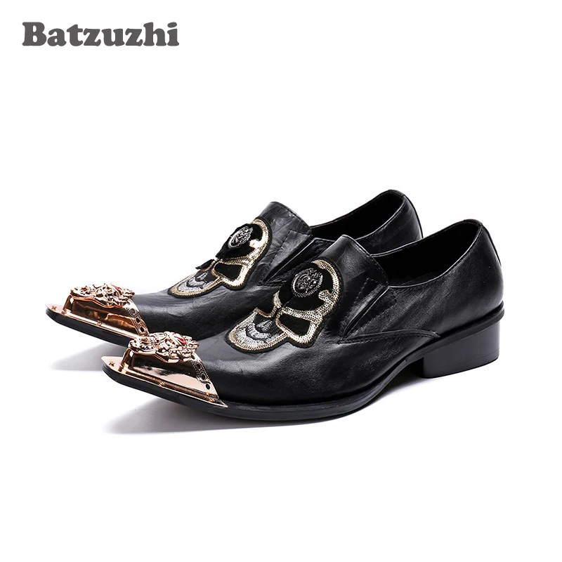 

Batzuzhi Western Rock Men Shoes Gold Metal Tip Black Genuine Leather Dress Shoes Men Formal Business and Party, Stage Shoes Men