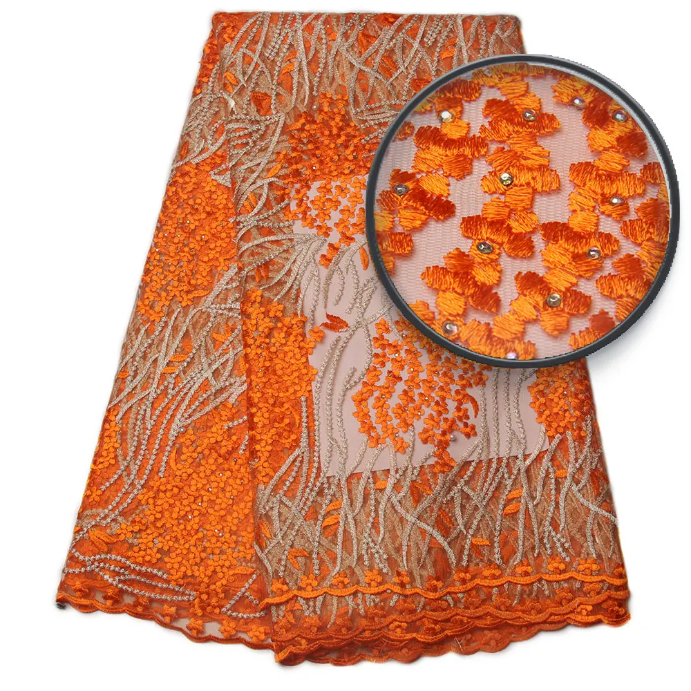 Оптовая продажа оранжевые африканские кружевные ткани для Свадебные платья с