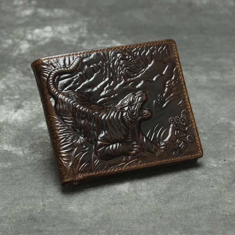 Фото Retro Mens Wallet Leather Genuine Minimalist Wallet for Men Three-dimensional Tiger Pattern Male Purse Small Money Case №1