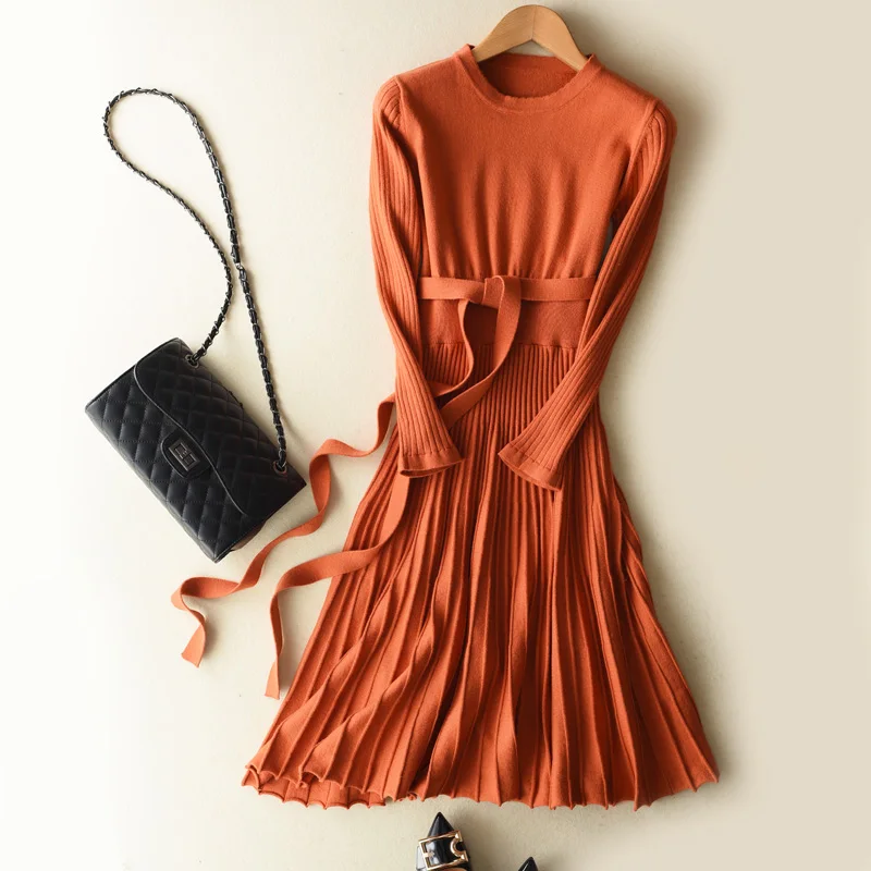 Мода 2017 г. О образным вырезом вязаный свитер с длинным рукавом шерстяное Платья