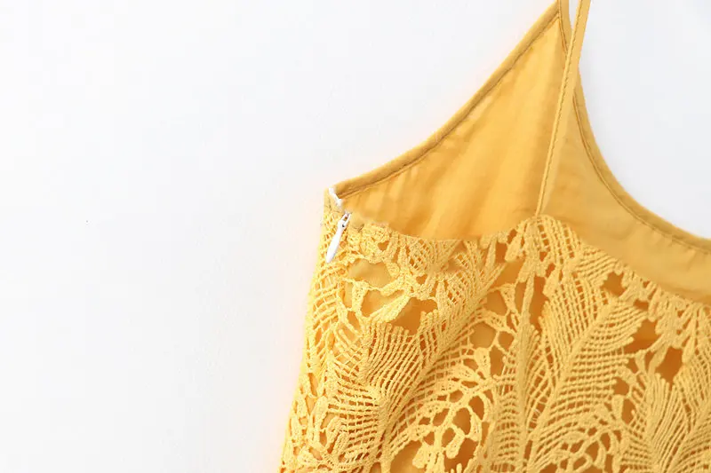 

Women Lace Dress Summer 2019 New Fashion Hollow Out Yellow Cotton Crochet Modern Lady's Spaghetti Strap Dress Feminino Vestidos