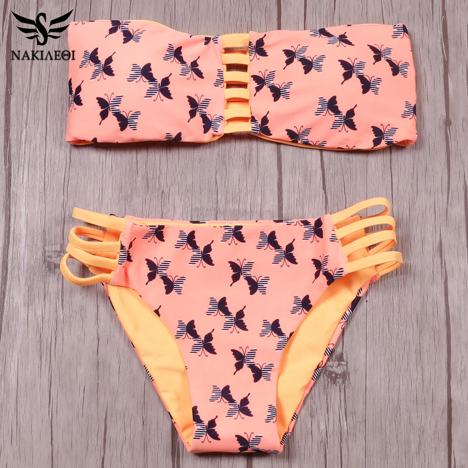 NAKIAEOI 2019 Сексуальная бандо Бикини двусторонние Купальники Купальник с лентами