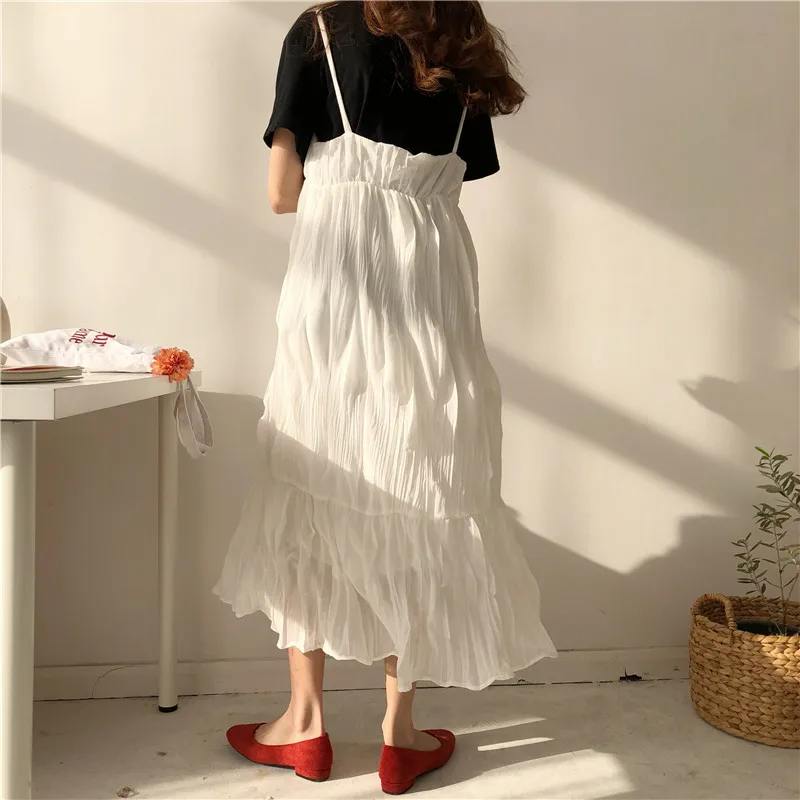 Fishtail Sleeveless Pleated Dress Casual Loose V Neck Vintage Women Sweet Long Summer Streetwear White Beach Chiffon | Женская одежда