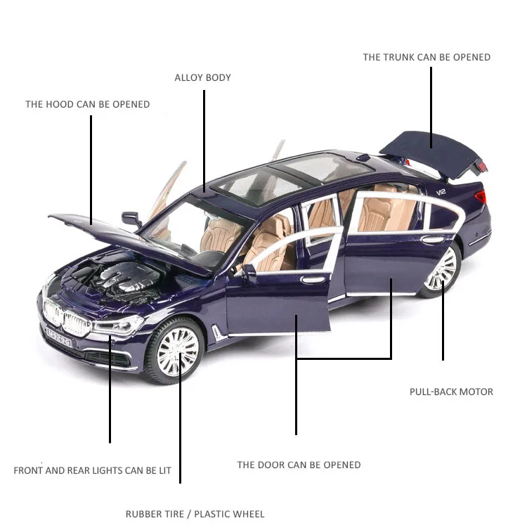Diecast 1/24 Extend 760LI Model Simulation Metal Car Alloy Cars Lights Sound Vehicles Pull Back Toys Gifts For Kids Children