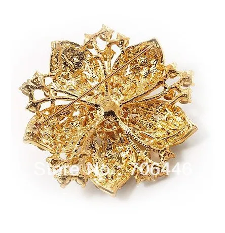 Большие броши для свадебного букета в золотом цвете с прозрачными кристаллами и