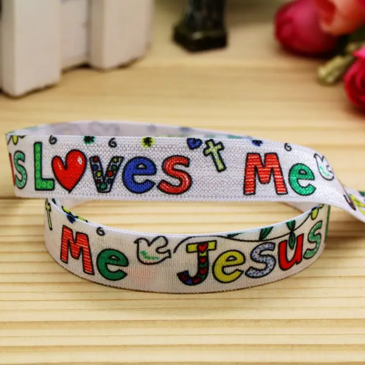 

5/8'' Free shipping Fold Elastic FOE jesus love me printed headband headwear hairband diy decoration wholesale OEM P5719