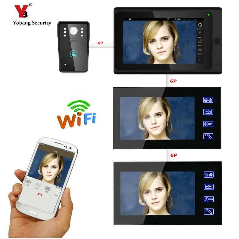 Видеодомофон Yobang 7 дюймов 3 монитора проводной/беспроводной Wi-Fi IP с проводной
