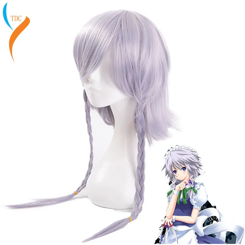 Peluca de Cosplay trenzada de Anime TouHou Project OW Reaper Genderbend Izayoi Sakuya, color gris plateado + gorro de peluca