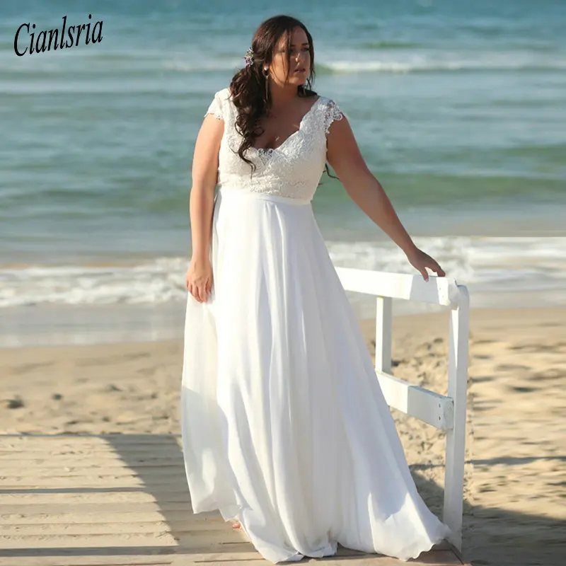 

New Arrival Plus Size Wedding Dresses Deep V-neck Lace Applique Chiffon Beach Bridal Gowns Robe De Mariage Zipper Back
