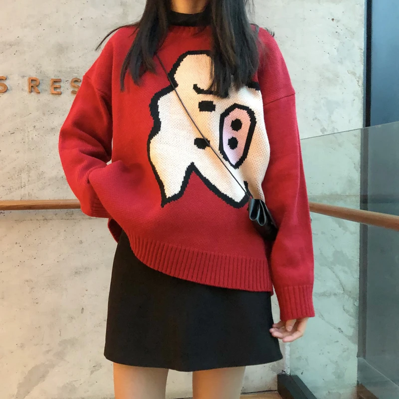 2019 autumn and winter cartoon pig red long-sleeve pullover knitted sweaters womens (C9217) | Женская одежда