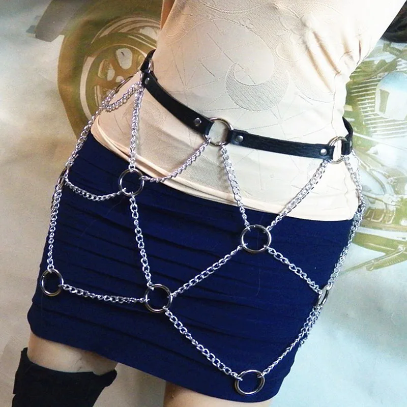 

2021 New Sexy Pub Female Leather Skirt Belts Punk Gothic Rock Harness Waist metal Chain Body Bondage Hollow Belt