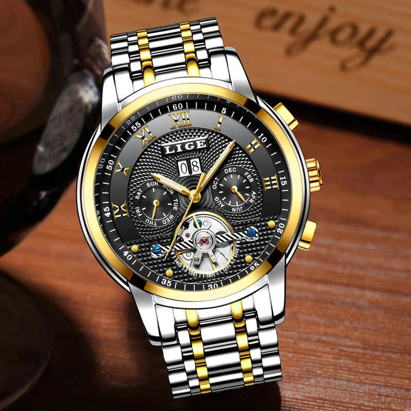 2019 LIGE мужские наручные часы со скелетом полностью стальные турбийон