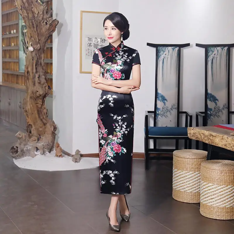 Весна осень Cheongsam китайский женский цветок и Павлин Qipao с длинным рукавом vestidos винтажное женское вечернее свадебное платье S-3XL - Цвет: Short Sleeve Black