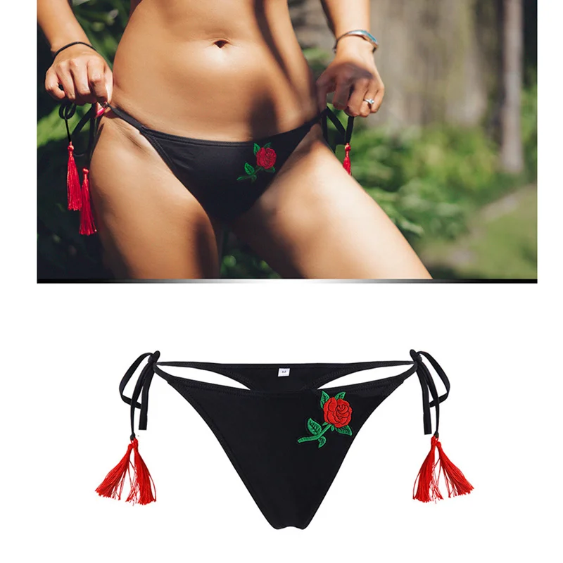 2019 thong Bikini Bottoms Black Bandage Swim Briefs Embroidery Rose bikinis women tassel bikini tanga Swimsuit parte de abajo | Спорт и