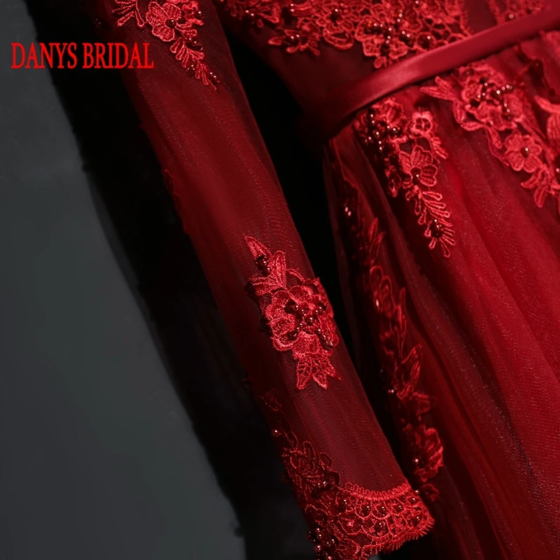 Кружевные вечерние платья с длинным рукавом трапециевидные красные красивые