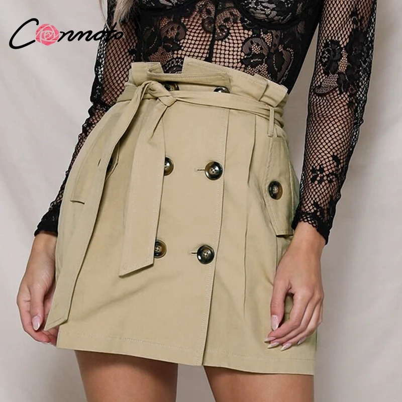 Conmoto двубортная юбка Kakhi 2018 Осенняя элегантная Офисная Женская повседневная