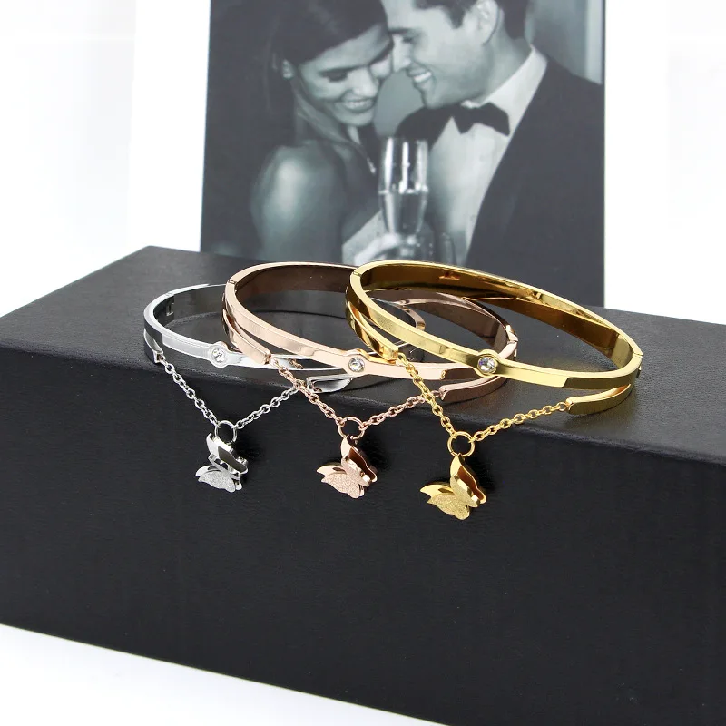 

Free Shipping Chain Butterfly Gold Color / Silver Color / Rose Gold Color Stainless Steel Bangle