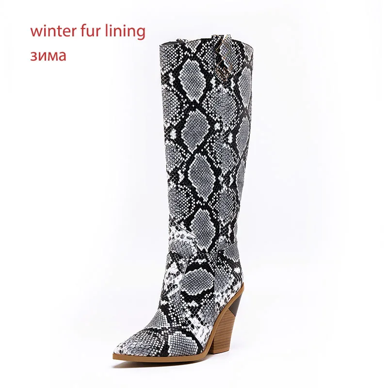 WETKISS Plus Size 46 Knee High Western Boots Women Cowboy Boot Female Pointed Toe Sexy Shoes 11 Colors High Heels Shoes Winter - Цвет: black snakethick fur