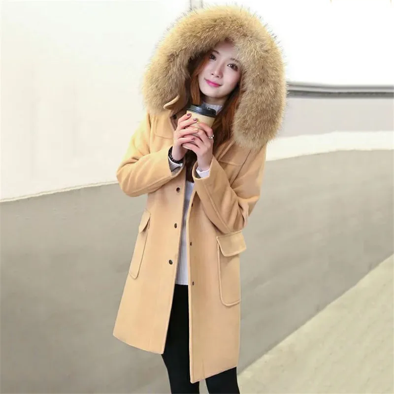 

Autumn Winter Women Woolen Coat New Medium Long Wild Female Outerwear Hooded Fur Collar Single-Breasted Ladies Woolen Coat Cw138