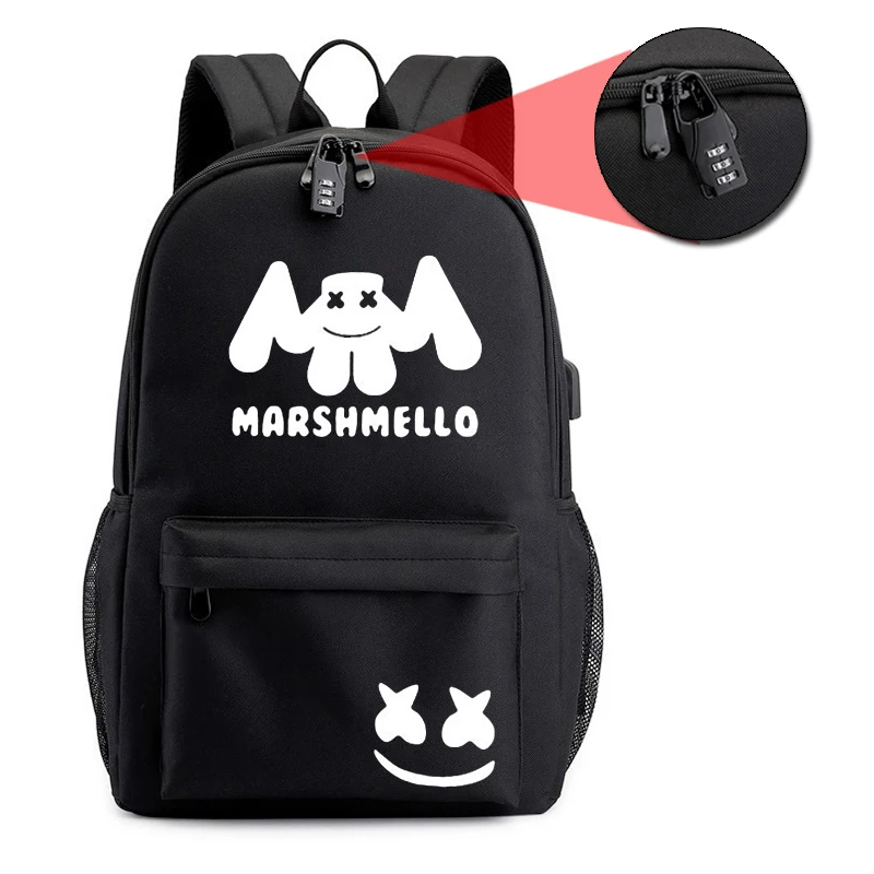 Marshmello рюкзак DJ для подростков мальчиков и девочек Школьный рюкзак Противоугонный Usb мужские яркие сумки Противоугонная Usb мужская сумка