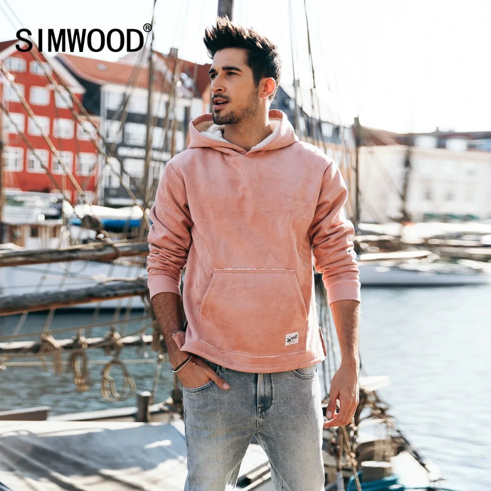 Мужское замшевое худи SIMWOOD, приталенная куртка с капюшоном, свитшот на флисе, спортивный пуловер в стиле хип-хоп, модель 180467