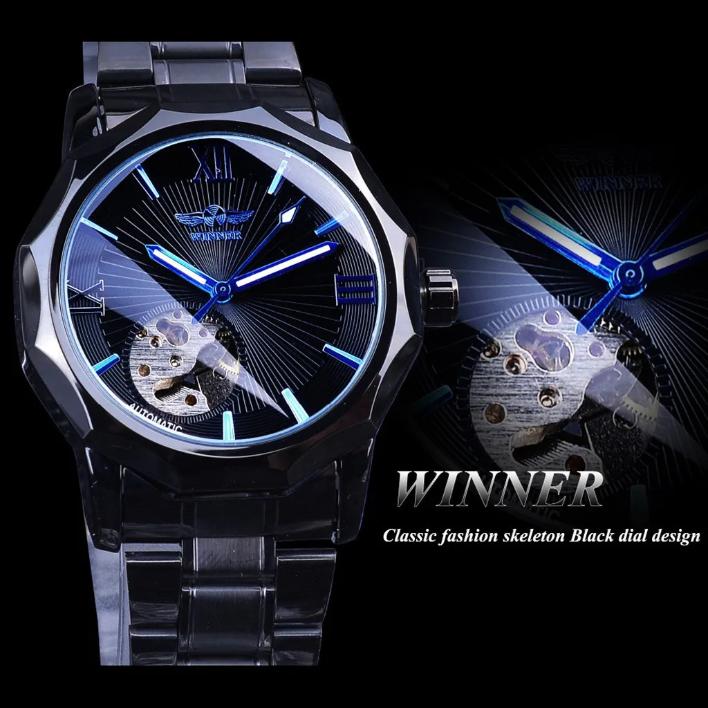 

Business Hollow Luxury Design Blue Belt watch bracelet clasp stainless steel Fashion Men's Mechanical quartz Watch L0522
