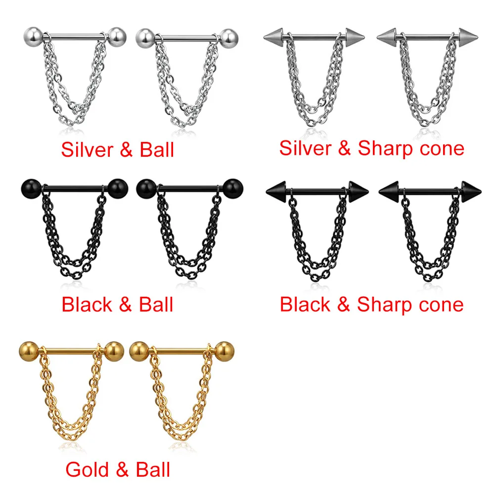 1 Pair Pierced Nipple Breast Rings Nail Barbell Steel Chain Pendant Body Piercings Jewelry XIN-Shipping