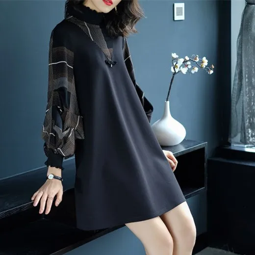 Plus Size Women Clothing 2018 New Autumn Dresses Loose Fashion Long Sleeves Splicing Casual Costume Lady A-Line Dress images - 2