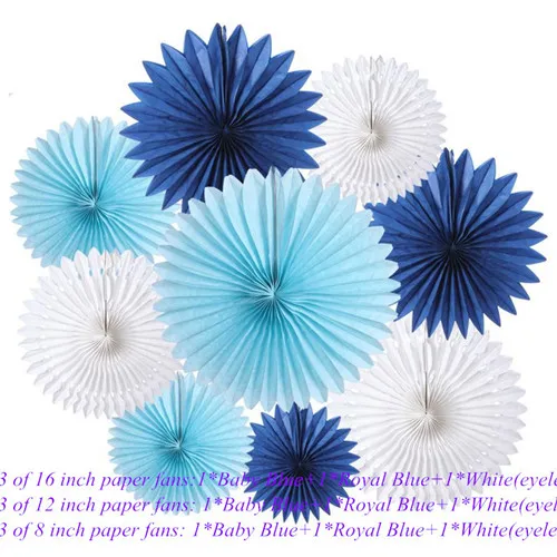 Daas52 9 pcs Mixed Sizes 8" 12" 16" Royal Blue Baby Blue White Paper Fan Baby Shower Birthday Wedding Party Wall Hanging Decorations - Цвет: Daas52