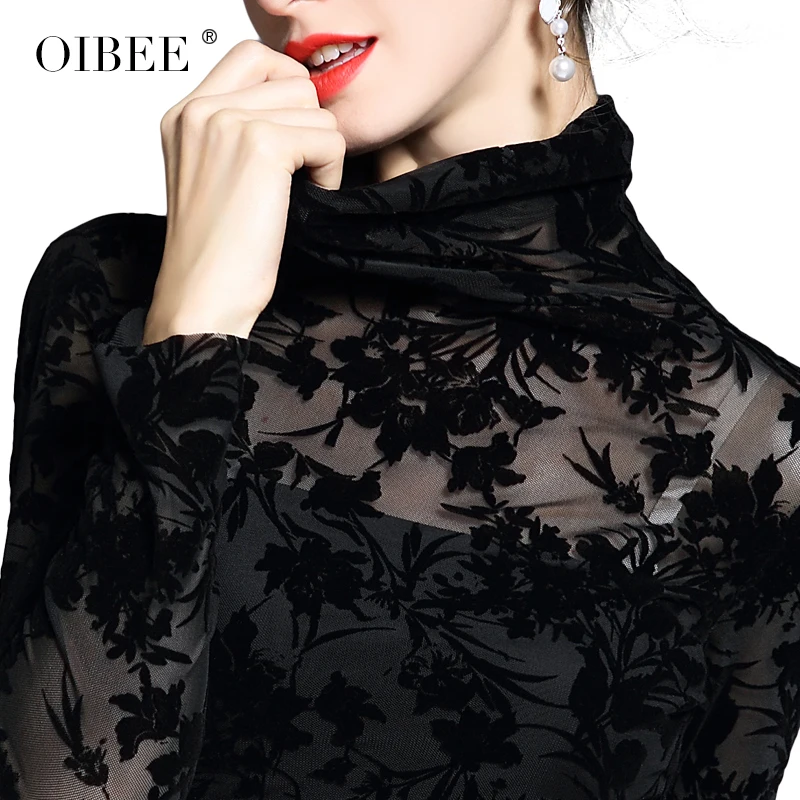 OIBEE сетчатая Лоскутная Женская Цветочная вышивка Водолазка с длинным рукавом бархатная тонкая сексуальная рубашка Ретро Топы