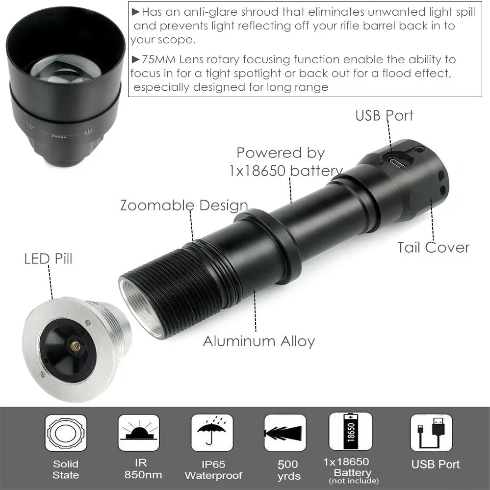 UniqueFire 1605 Zoomable 75 мм объектив IR 850nm фонарик 3 режима ночного видения фонарь