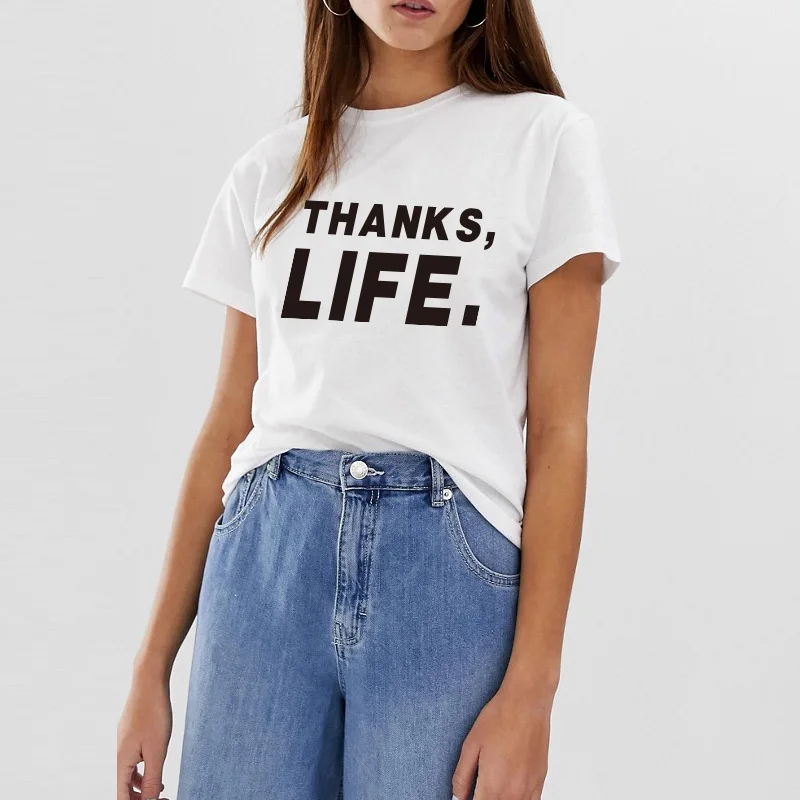 Женские футболки с коротким рукавом из смеси хлопка топы принтом THANKS LIFE летний