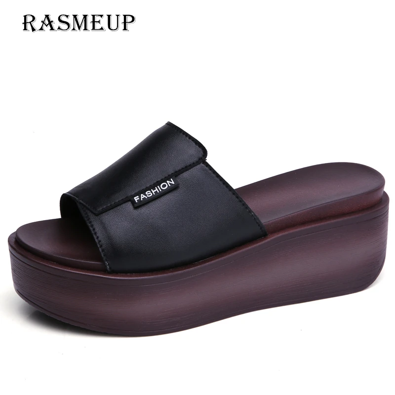 Женские шлепанцы из натуральной кожи RASMEUP черные и белые повседневные на