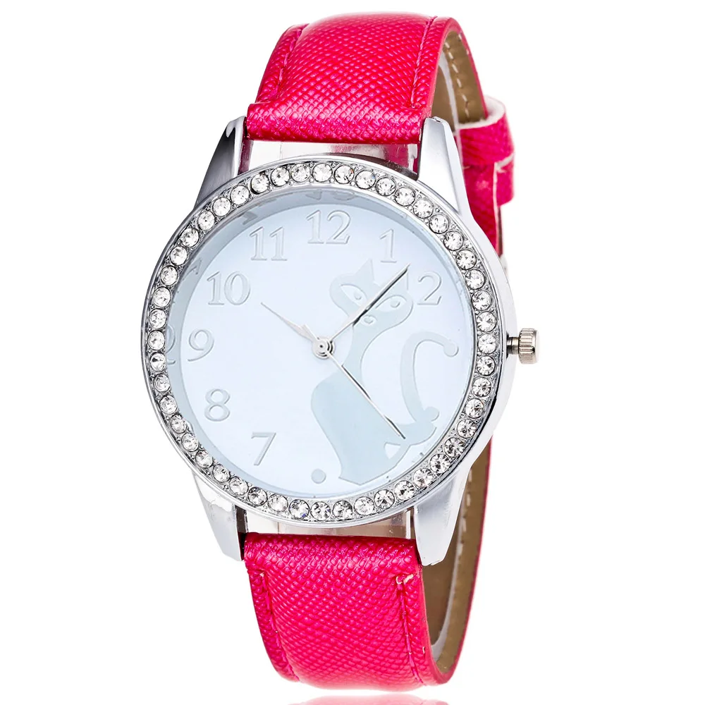 Повседневные модные женские часы с кристаллами кошачьи многоцветные на выбор