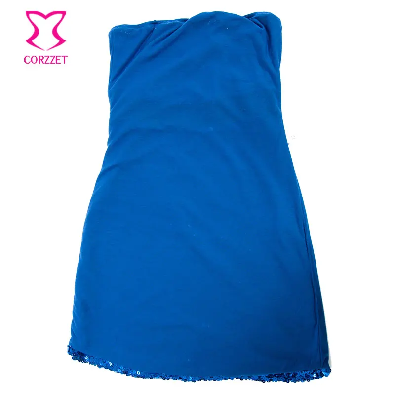 Женское вечернее мини платье контрастных цветов с блестками без бретелек синего