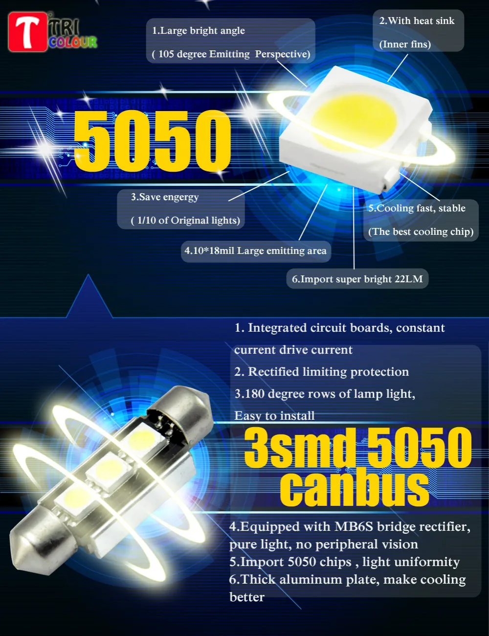 Светодиодная лампа для автомобильного салона 31мм, 36мм, 39мм, 42мм C5W C10W Super Bright 5050 SMD с функцией Canbus Error Free.