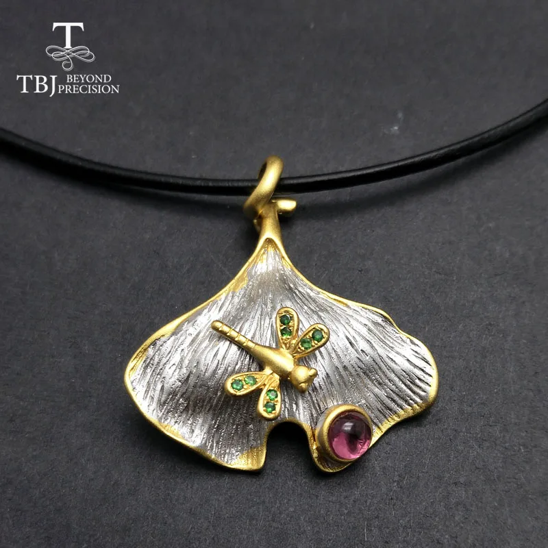 TBJ 2018 новый дизайн гингко лист кулон с натуральным розовым турмалином и зеленым