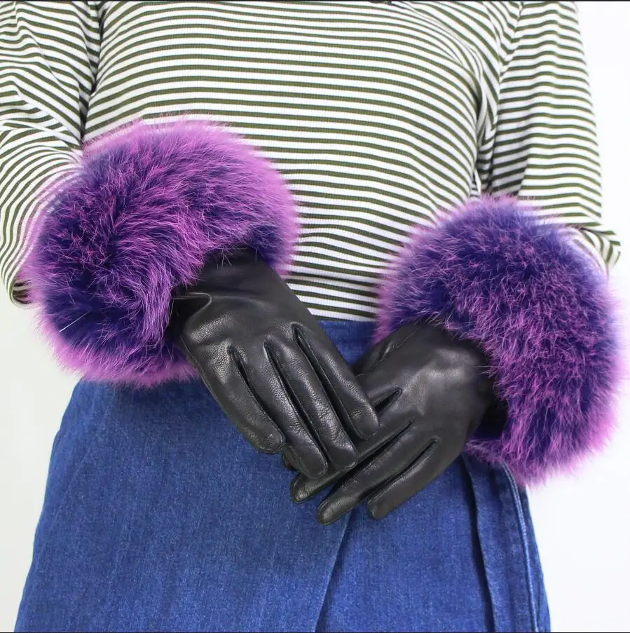 grass purple Женские перчатки из натуральной кожи, зимние теплые перчатки из натуральной овчины и лисьего меха, модный стиль, натуральный Пушистый Лисий Мех* harppihop - Цвет: grass purple