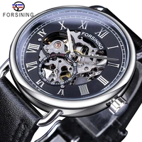forsining classic silver case black genuine leather band roman number waterproof design mens mechanical watches top brand luxury
